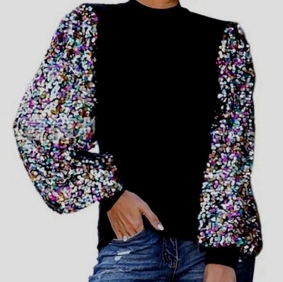 NWT Anna-Kaci Black Top with Rainbow Confetti Sequin Poof Sleeves Size Small - Picture 12 of 13